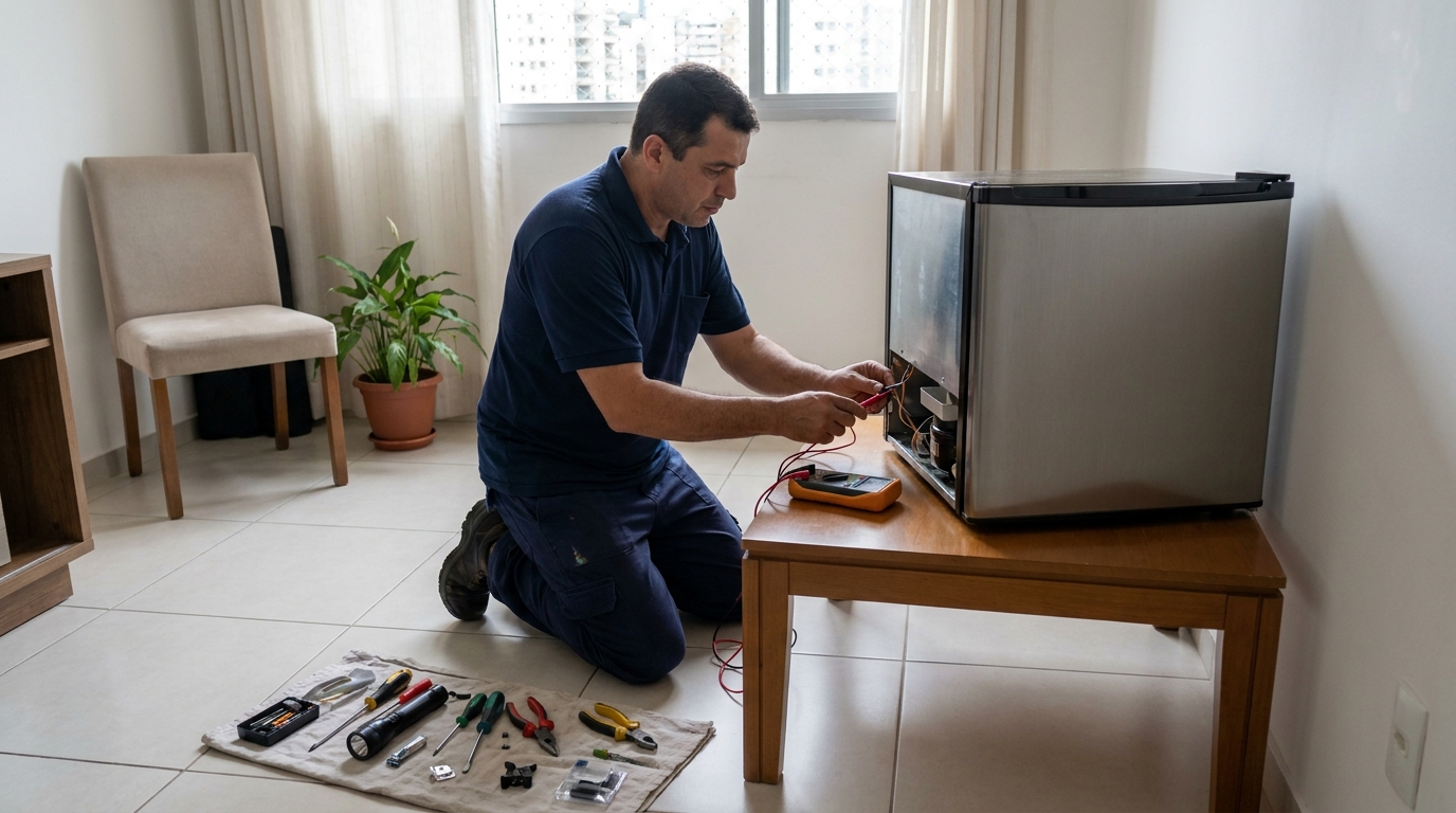 Técnico realizando manutenção de motor de frigobar em Taubaté‑SP