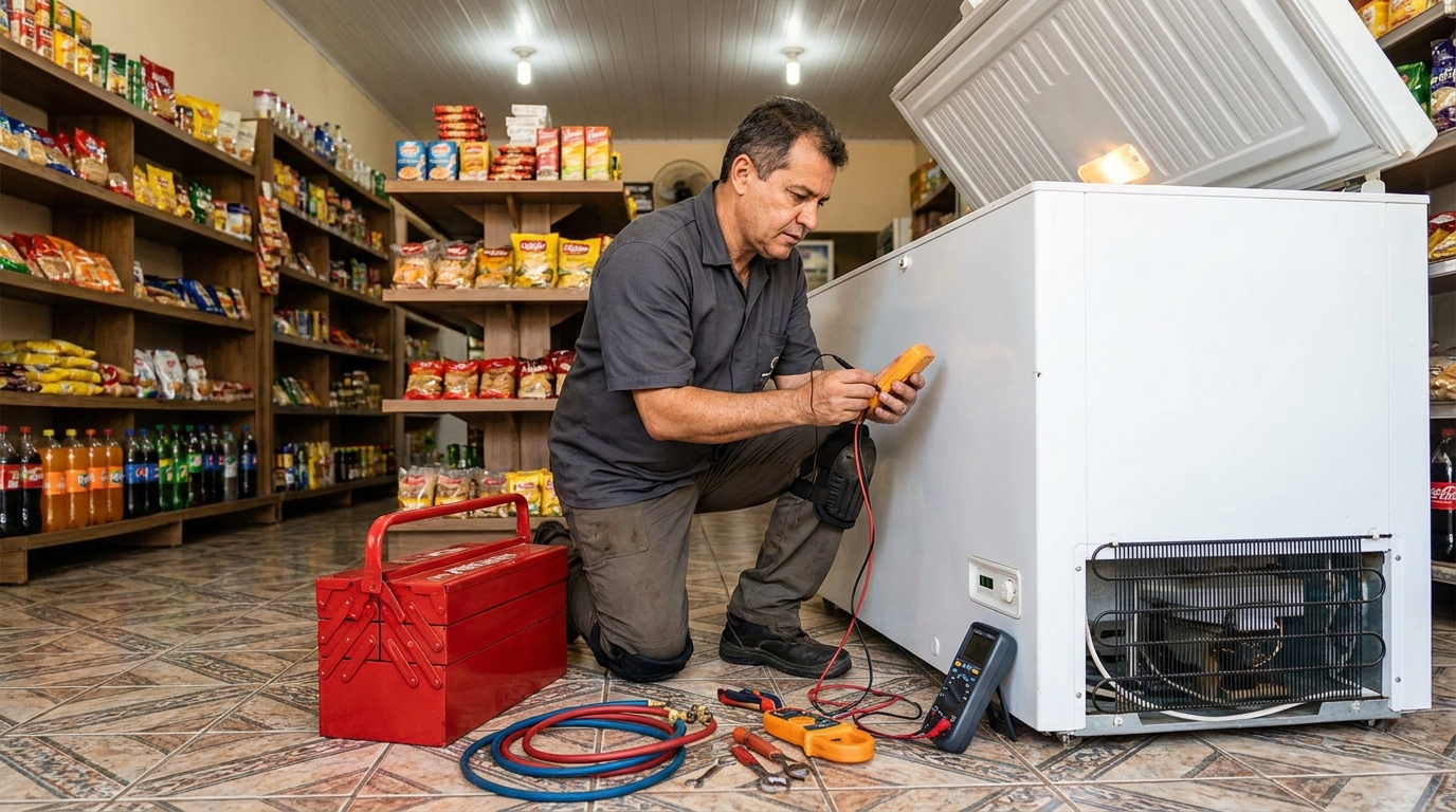 Recarga de gás refrigerante em freezer em atendimento em Taubaté‑SP