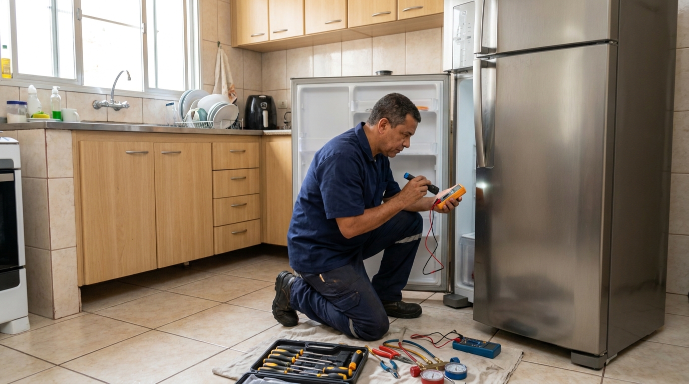 Recarga de gás refrigerante de geladeira em atendimento em Taubaté‑SP