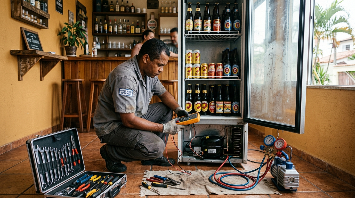 Troca de termostato de cervejeira em atendimento técnico em Taubaté‑SP